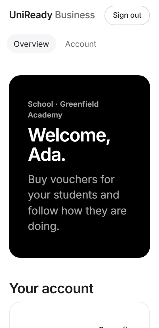 The UniReady Business welcome screen for a school